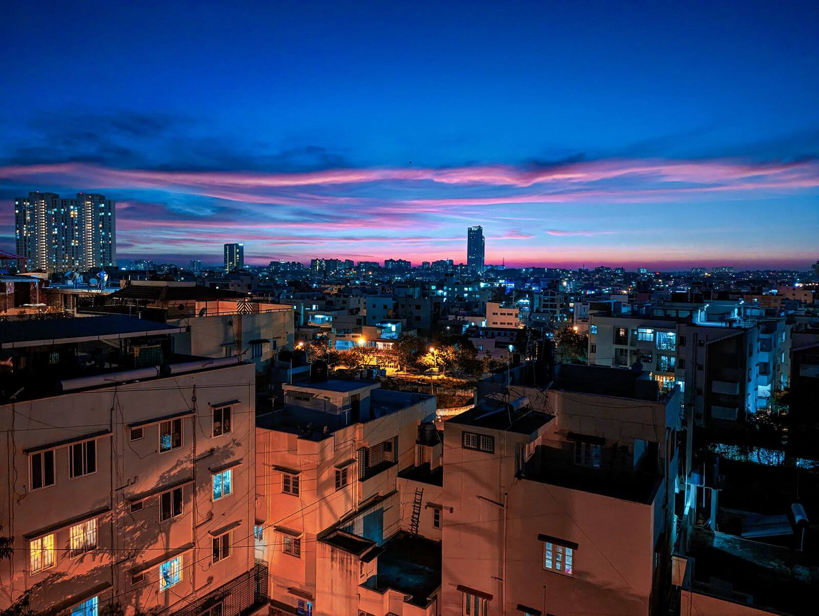 Bengaluru city skyline illuminated at dusk