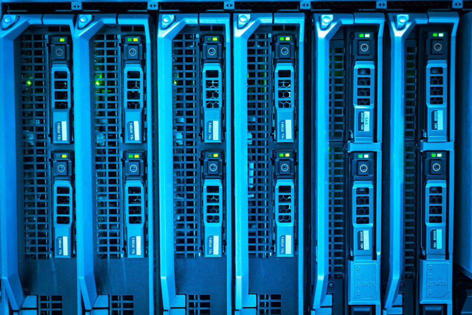 Blue illuminated enterprise server infrastructure in a data centre